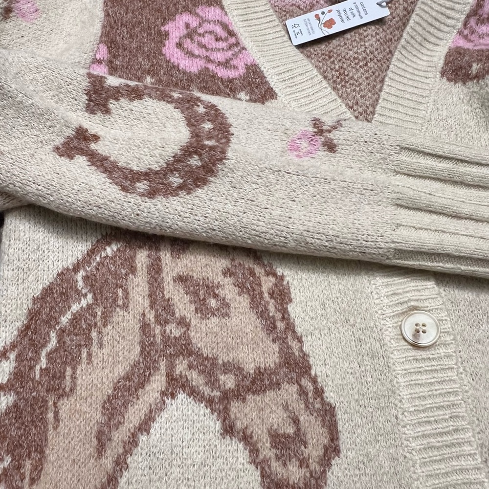 Anthropologie Haute Hippie Horse & Rose Fair Isle Knit Cardigan Cream & Pink NWT - Picture 7 of 13